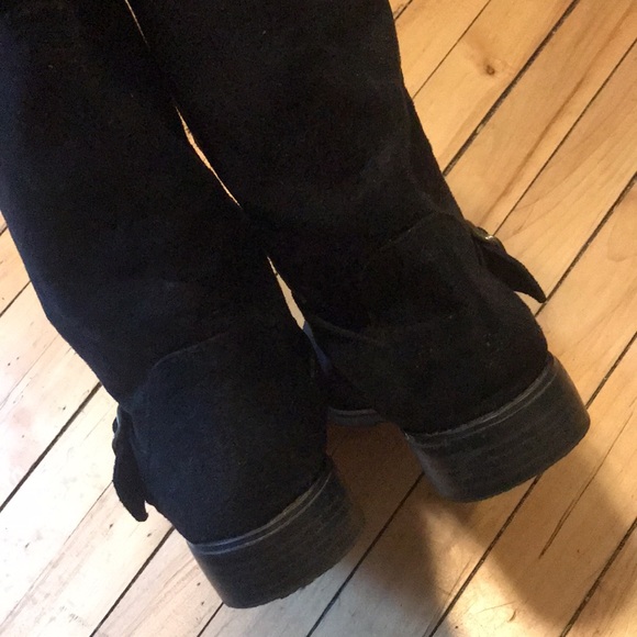 Black vegan leather suede boots 6 antique gold buckles low heel calf height fall - Picture 4 of 8